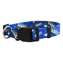 Load image into Gallery viewer, Blue dog collar with Buffalo Sabres logo on a white background