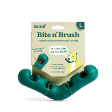 Load image into Gallery viewer, Teal 'Bite n' Brush' toothbrushing enrichment toy for dogs with packaging on a white background