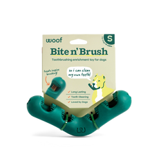 Load image into Gallery viewer, Green 'Bite n' Brush' toothbrushing enrichment toy for dogs with packaging on a white background