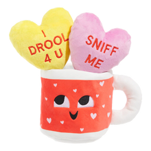 Load image into Gallery viewer, Plush mug with heart-shaped toys labeled 'I Drool 4 U' and 'Sniff Me' on a white background