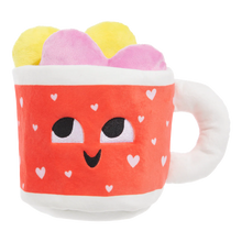 Load image into Gallery viewer, Plush toy shaped like a mug with a face and heart patterns on a white background