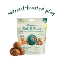 Load image into Gallery viewer, Pupsicle refill pops packaging with brown balls and 'woof' branding on a white background.